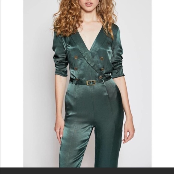 FREE PEOPLE Green I Am Woman Jumpsuit Women's Size 12 Green Satin NWT - Picture 2 of 16